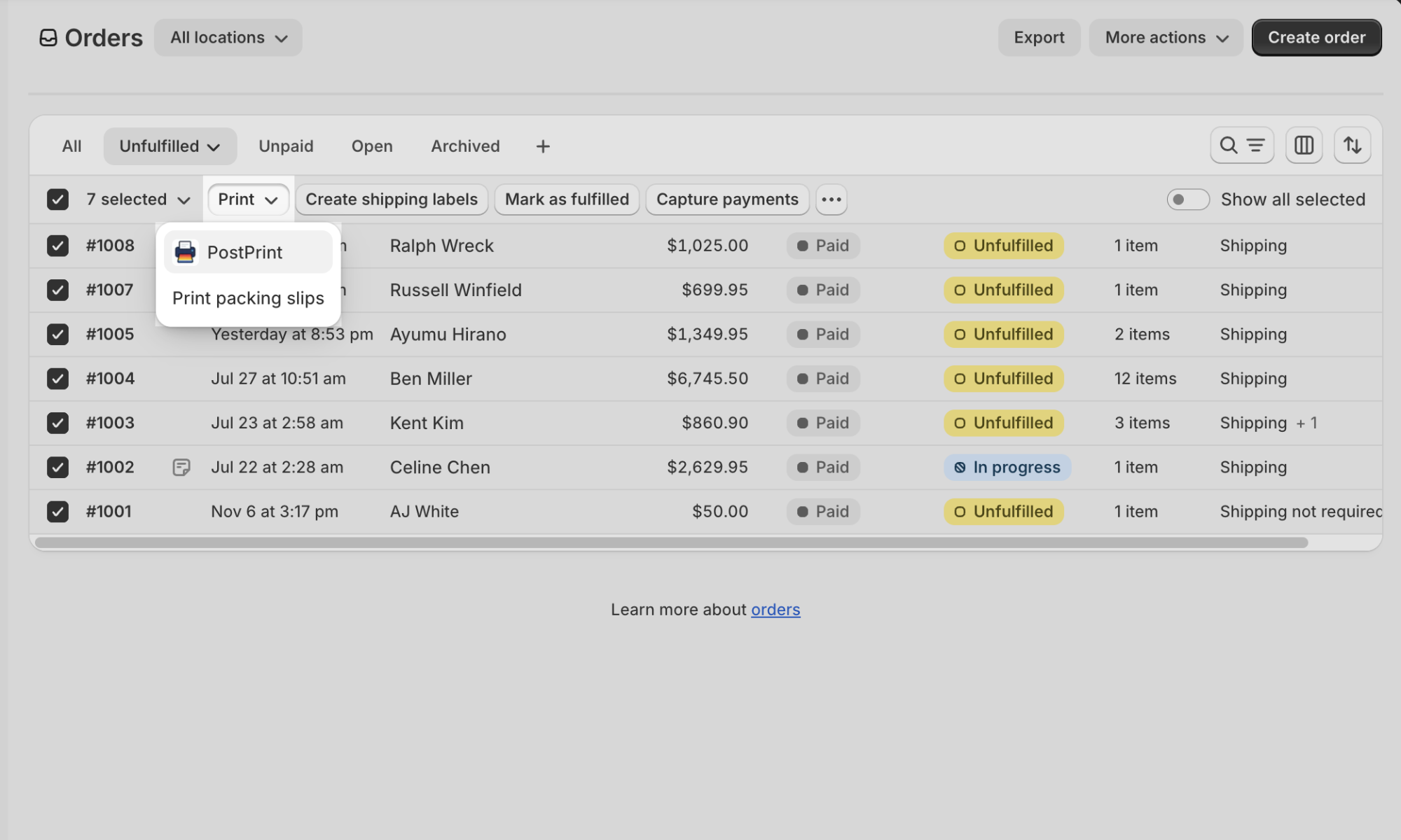 PostPrint Order List